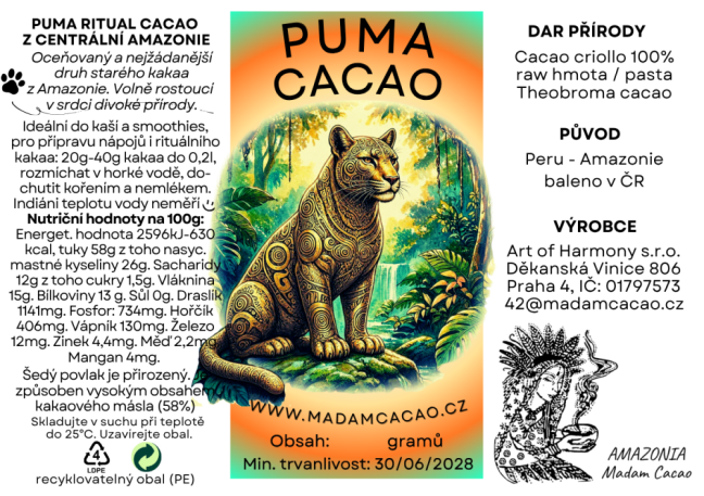 Kakao hmota PUMA RITUAL CACAO - Velikost balení: 1000 g