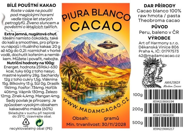 Kakao hmota PIURA BLANCO CACAO - Velikost balení: 500 g